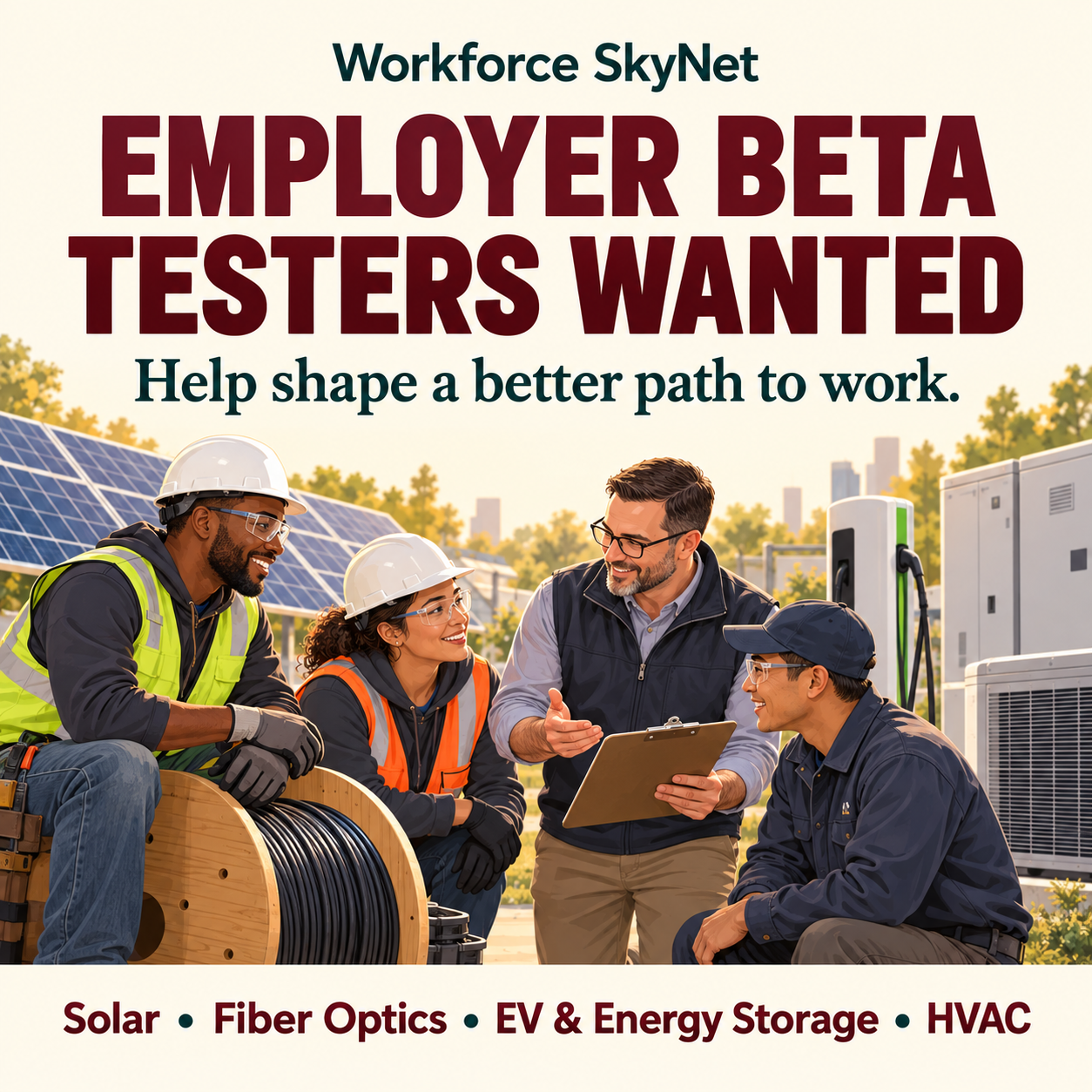 Workforce SkyNet: employer beta testers wanted for Solar, Fiber Optics, EV and Energy Storage, and HVAC